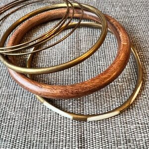 Stylish Wood, Bone Inlay and Bronze Metal Seven Piece Bangle Bracelet Set